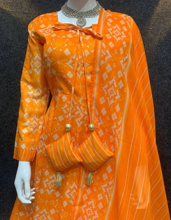 Party Wear Printed Orange Anarkali Kurta Set - Image 6