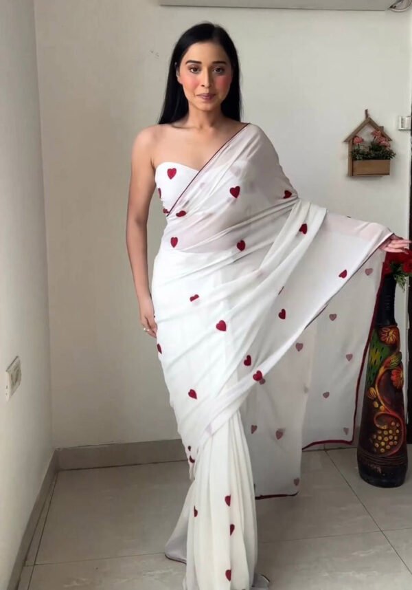 Heart Shape Work White Ready To Wear Saree - Image 3
