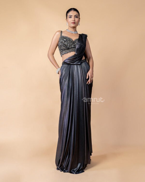 Charcoal Black Ready-to-Wear Saree with Embroidered Blouse - Image 2