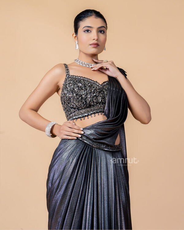 Charcoal Black Ready-to-Wear Saree with Embroidered Blouse - Image 3