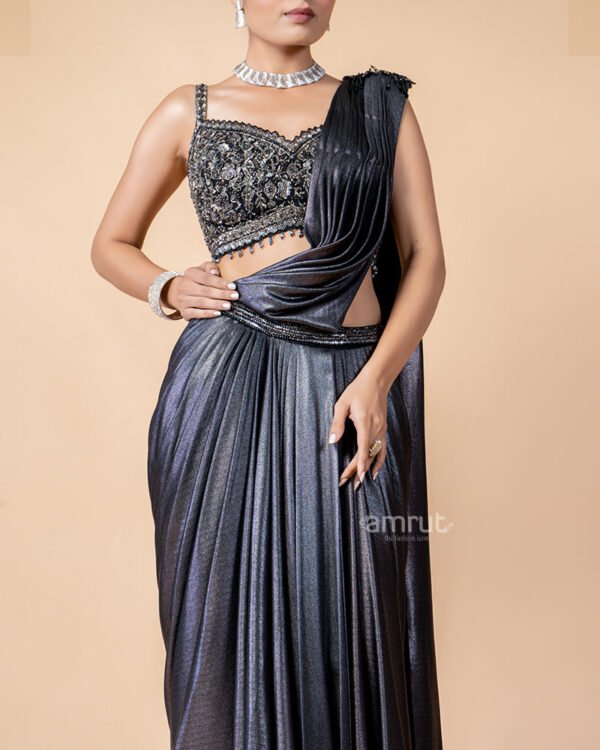 Charcoal Black Ready-to-Wear Saree with Embroidered Blouse - Image 4