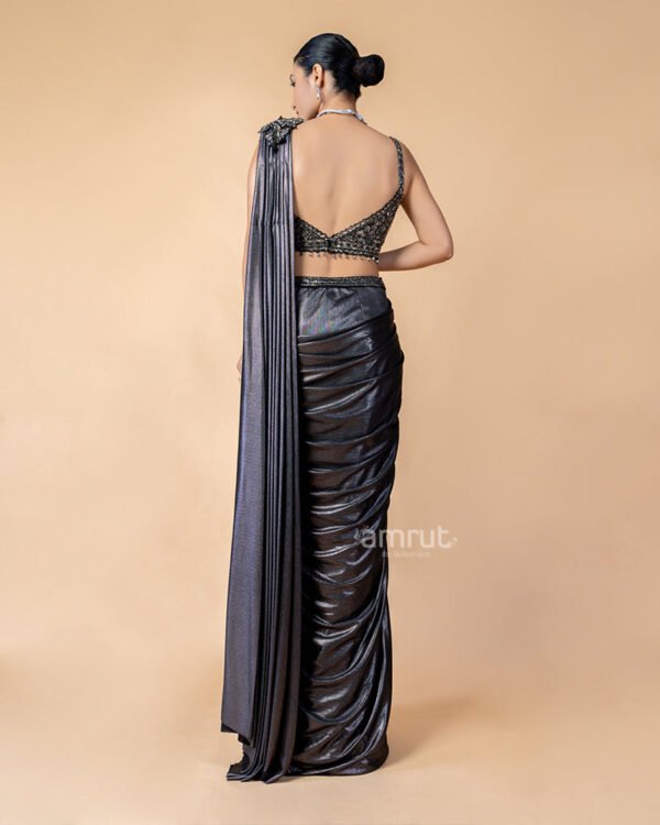 Charcoal Black Ready-to-Wear Saree with Embroidered Blouse - Image 5
