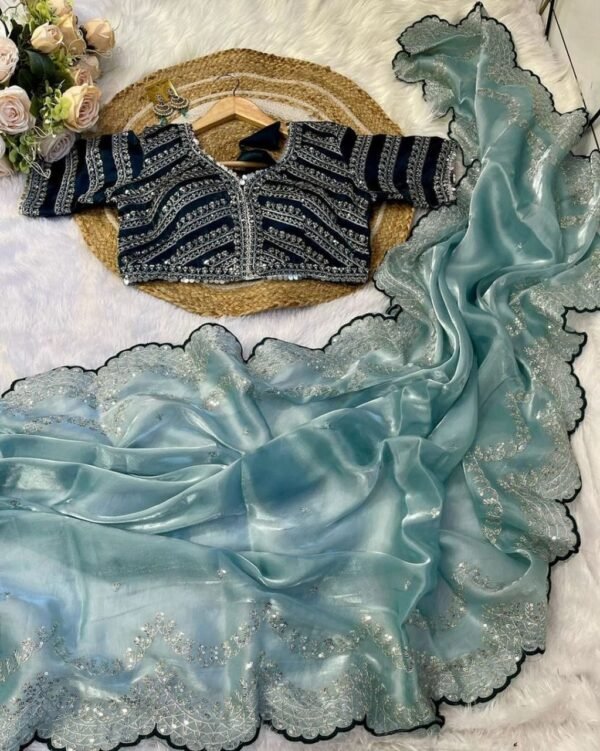 Designer Zimmy Choo Silk Sky Blue Saree - Image 3