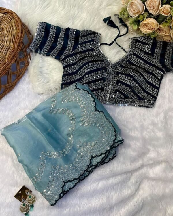 Designer Zimmy Choo Silk Sky Blue Saree