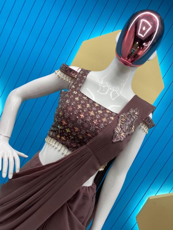 Designer Georgette Brown Saree - Image 4
