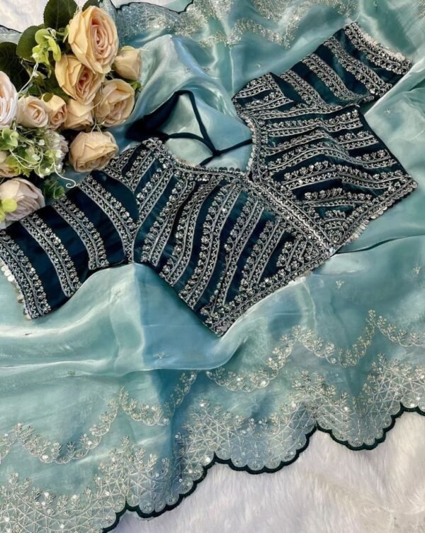 Designer Zimmy Choo Silk Sky Blue Saree - Image 5