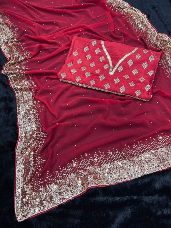 Woman's Wear Georgette Red Saree - Image 3