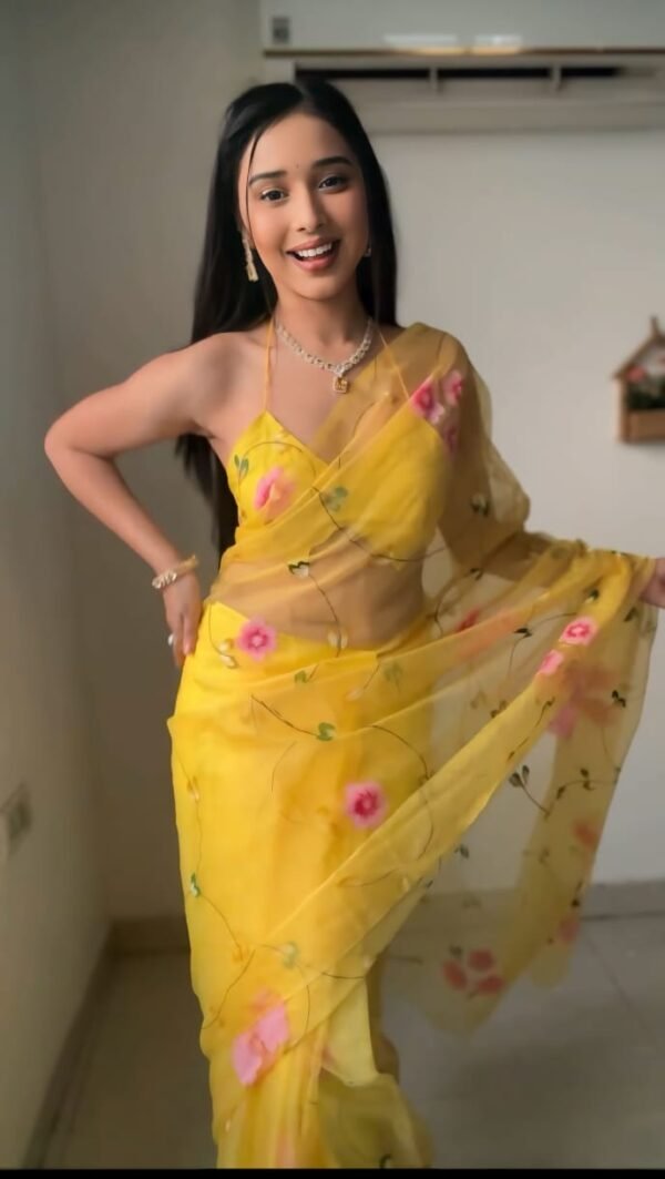 Glimmering Flower Design Yellow Color Ready To Wear Saree - Image 4