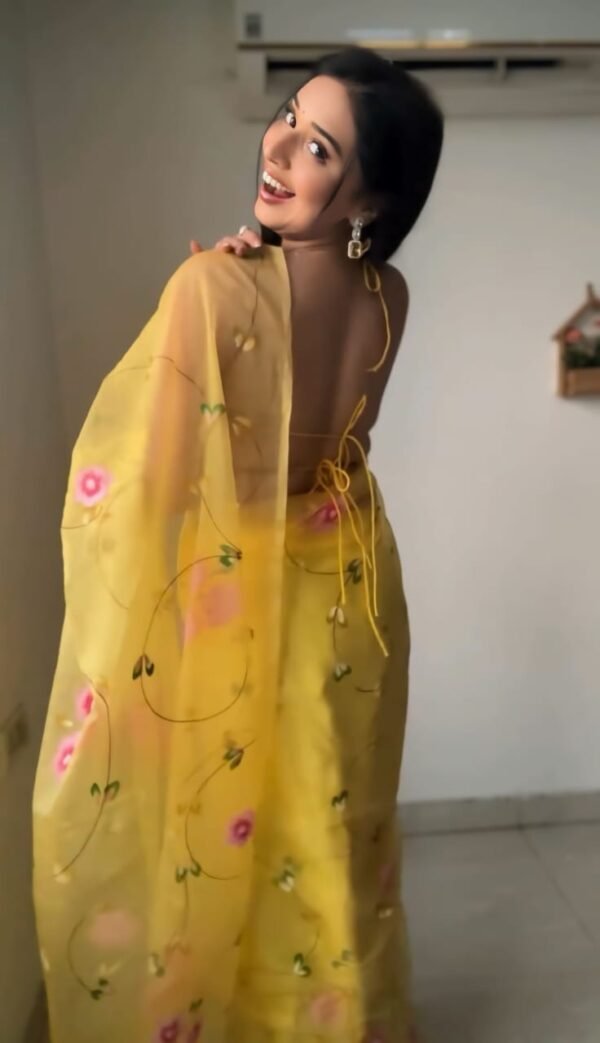 Glimmering Flower Design Yellow Color Ready To Wear Saree - Image 2