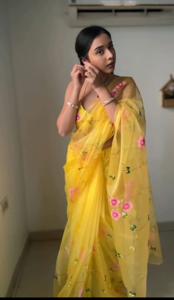 Glimmering Flower Design Yellow Color Ready To Wear Saree - Image 3
