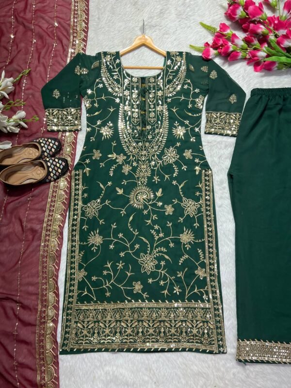 Georgette Embroidered Green Kurta Set - Image 4