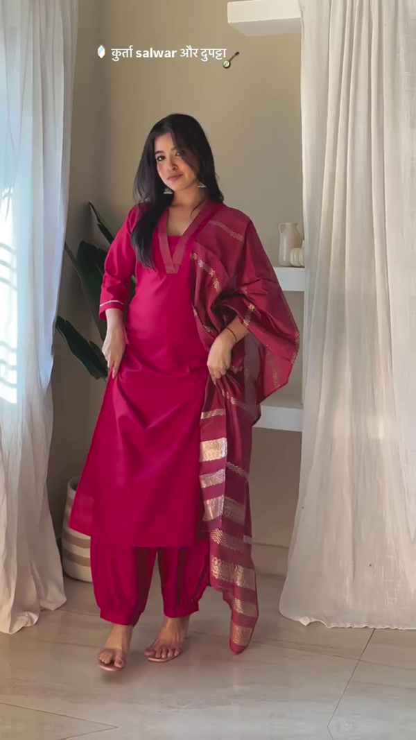 Thread Work V-Neck Straight Kurta with Trousers & With Dupatta - Image 2