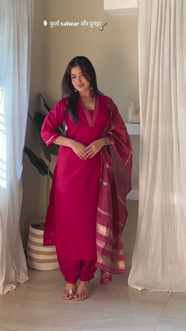 Thread Work V-Neck Straight Kurta with Trousers & With Dupatta