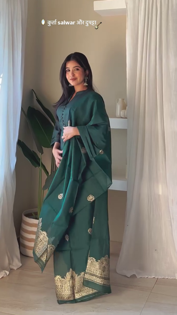 Thread Work V-Neck Straight Kurta with Trousers & With Dupatta - Image 4