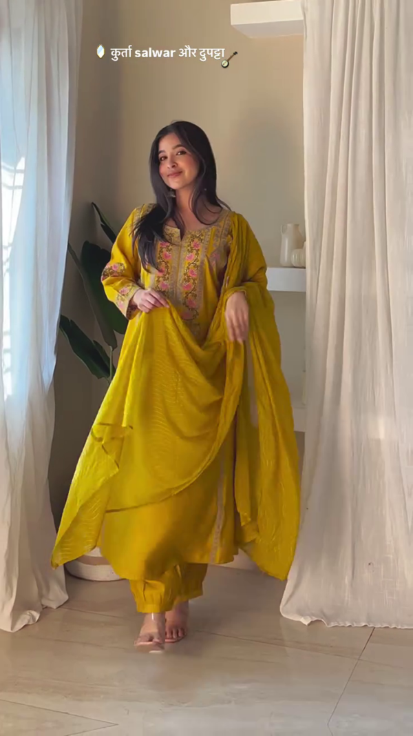 Thread Work V-Neck Straight Kurta with Trousers & With Dupatta - Image 5