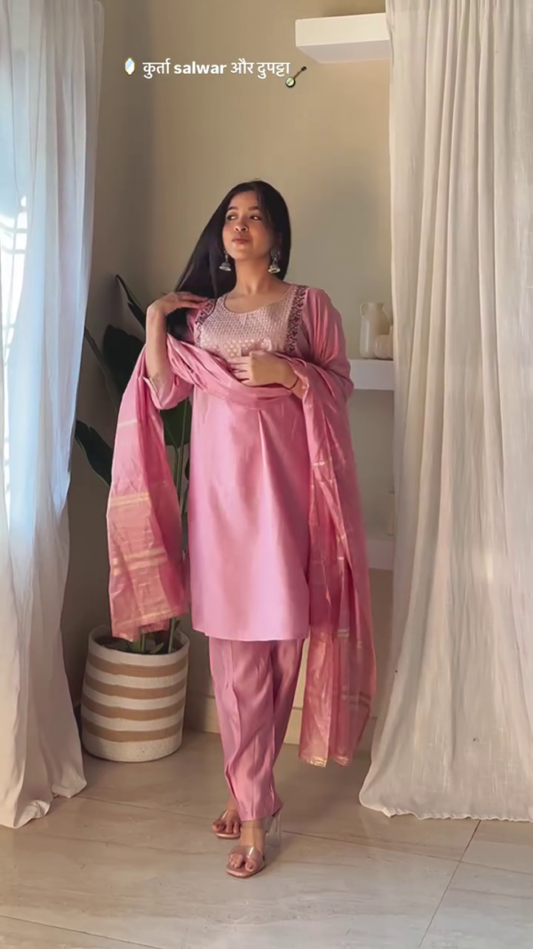Thread Work V-Neck Straight Kurta with Trousers & With Dupatta - Image 6