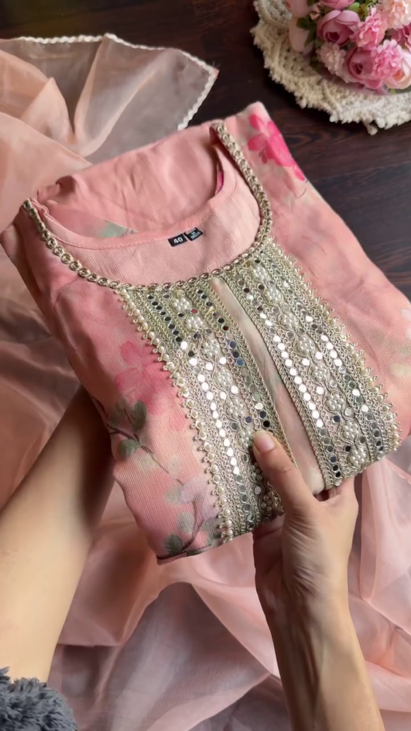Women Neck Embroidered Printed Organza Unstitched Suit Piece With Dupatta