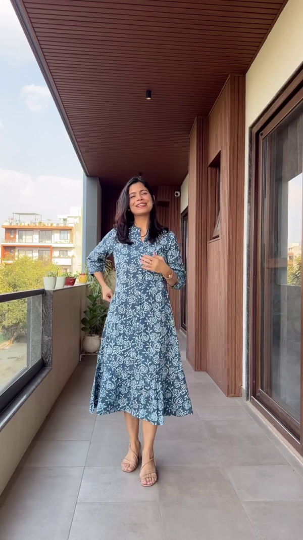 Straight fit and Flared bagru Printed Cotton Dress with Gathering and Pocket Details