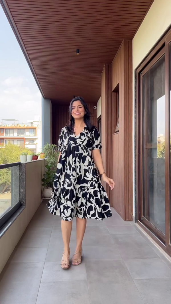 Straight fit and Flared bagru Printed Cotton Dress with Gathering and Pocket Details - Image 3