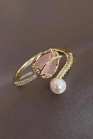 18K Gold Plated Adjustable Flower Open Ring with Pearl
