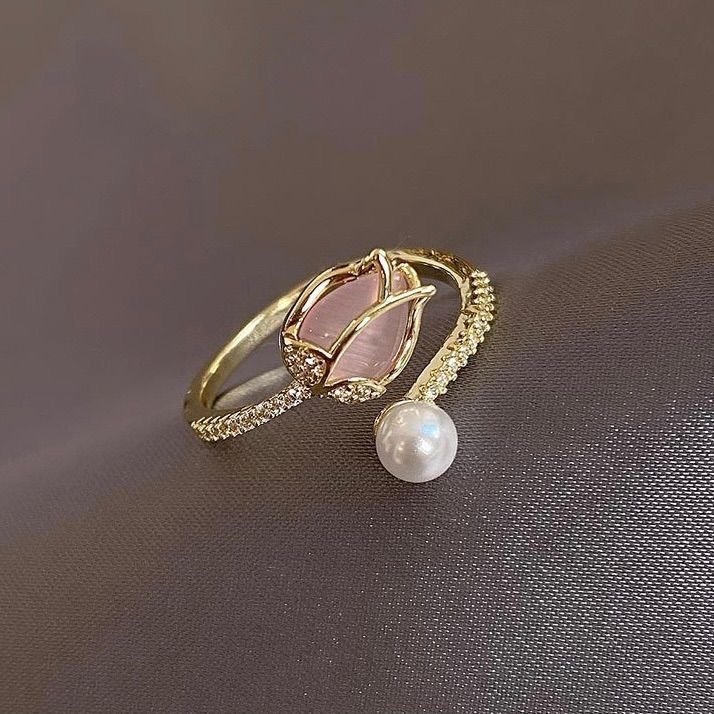 18K Gold Plated Adjustable Flower Open Ring with Pearl