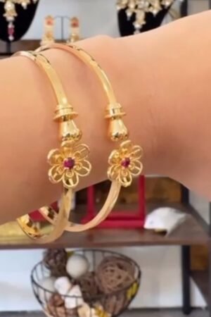 Elegant Gold Floral Bangles with Red Stone Center