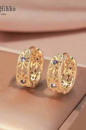 Floral Gold Hoop Earrings with Blue Stone Accents