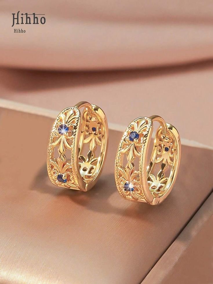 Floral Gold Hoop Earrings with Blue Stone Accents