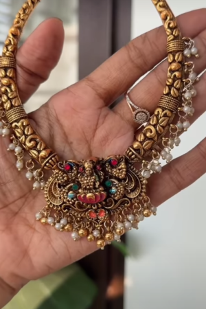 Antique Gold Temple Necklace with Pearl Drops