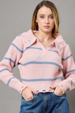 Pink and Blue Striped Knit Sweater with Collar Detail