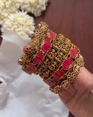 Traditional Gold-Tone Floral & Lotus Bangle Set