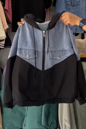 Two-Tone Denim & Black Zip-Up Hooded Jacket