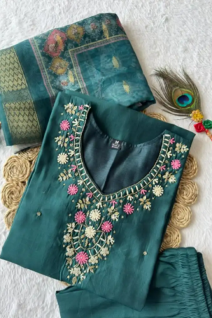 Elegant Teal Green Embroidered Kurta Set with Dupatta