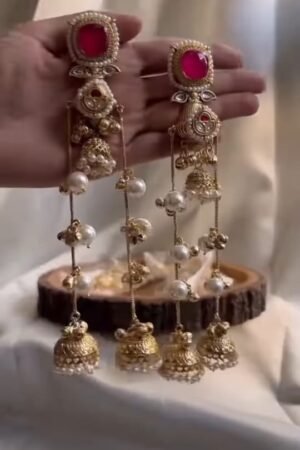 Traditional Red Stone Jhumka Earrings with Pearl Chains