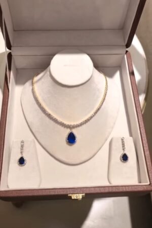 Elegant Blue Sapphire Pendant Necklace & Earrings Set