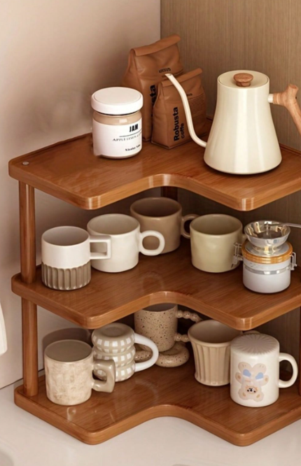 Wooden Corner Kitchen Counter Organizer – 3 Tier Multipurpose Shelf