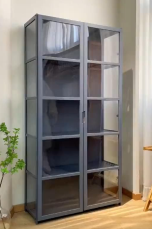 Modern Grey Glass Door Display Cabinet – 4-Shelf Metal Storage Bookcase