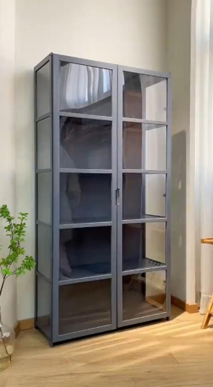 Modern Grey Glass Door Display Cabinet – 4-Shelf Metal Storage Bookcase