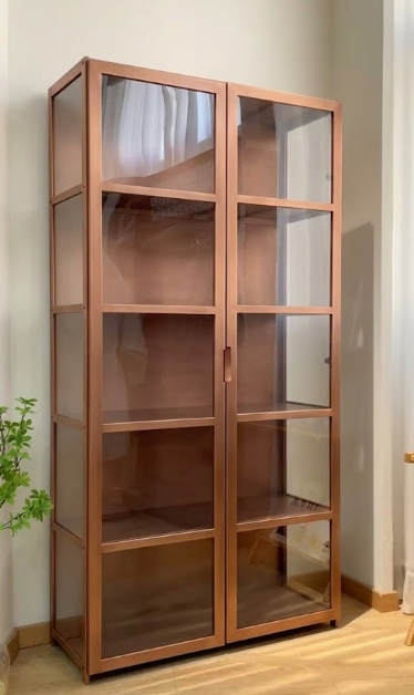 Modern Grey Glass Door Display Cabinet – 4-Shelf Metal Storage Bookcase - Image 2