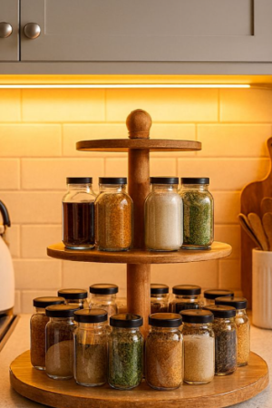 2-Tier Wooden Rotating Masala Stand – Kitchen Spice Organizer