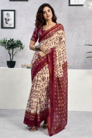 Cream & Maroon Printed Cotton Saree with Traditional Border