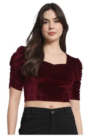 Wine Velvet Designer Blouse with Puff Sleeves