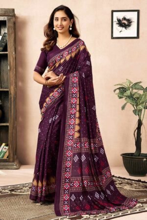Wine Purple Printed Cotton Saree with Border Design