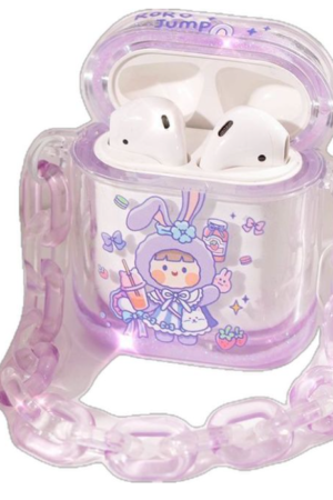 Kawaii Bunny Transparent AirPods Case with Chain – Purple Cute Protective Cover