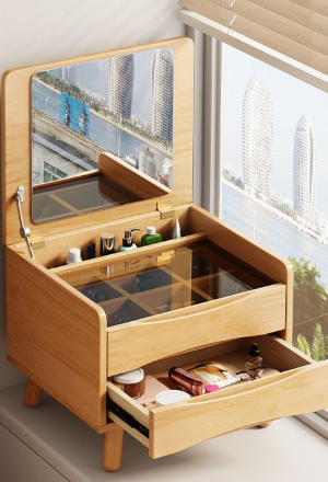 Wooden Vanity Makeup Organizer with Mirror & Drawer