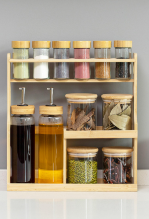 Wooden Spice Rack Organizer with Glass Jars & Oil Dispensers