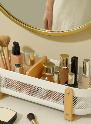 Wall-Mounted Vanity Organizer Shelf with Wooden Accents