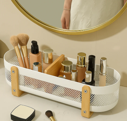 Wall-Mounted Vanity Organizer Shelf with Wooden Accents