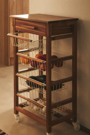 Wooden Rolling Storage Cart with Wire Baskets