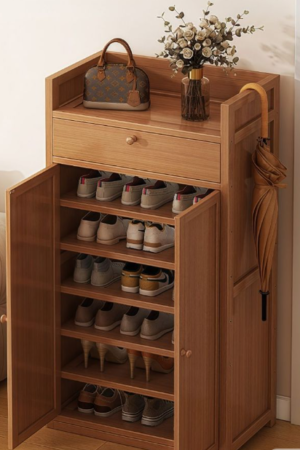Wooden Shoe Storage Cabinet with Drawer & Side Hooks